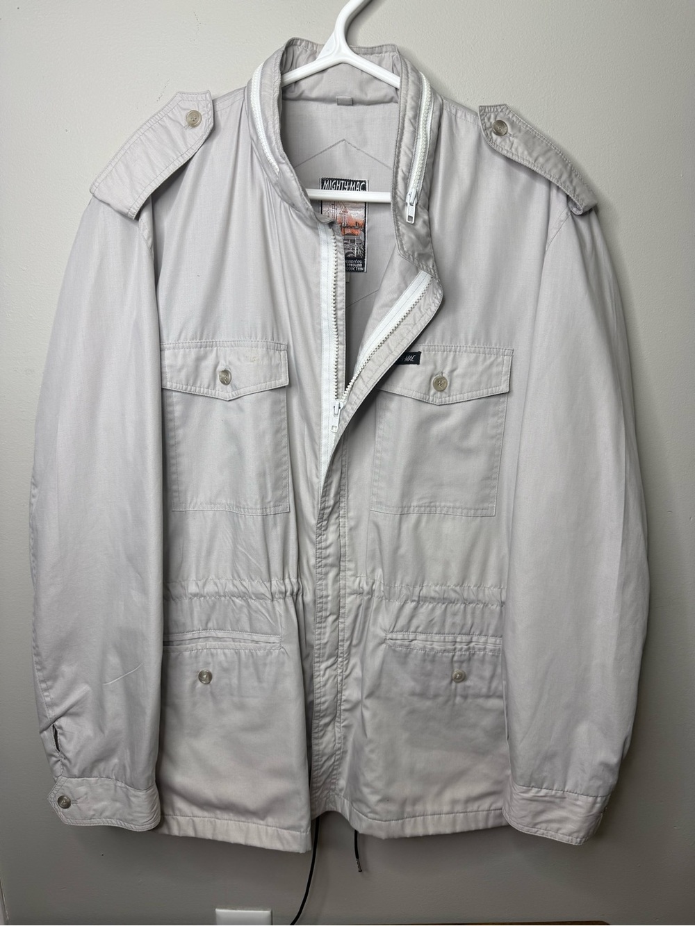 Vintage Mighty Mac Men’s Light Gray Field Jacket w Hidden Hood Out O' Gloucester